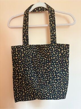 Black Floral Tote Bag with Yellow Accent
